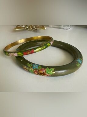 Floral Olive Green Cloisonné Bangle Bracelet Set Jewelry